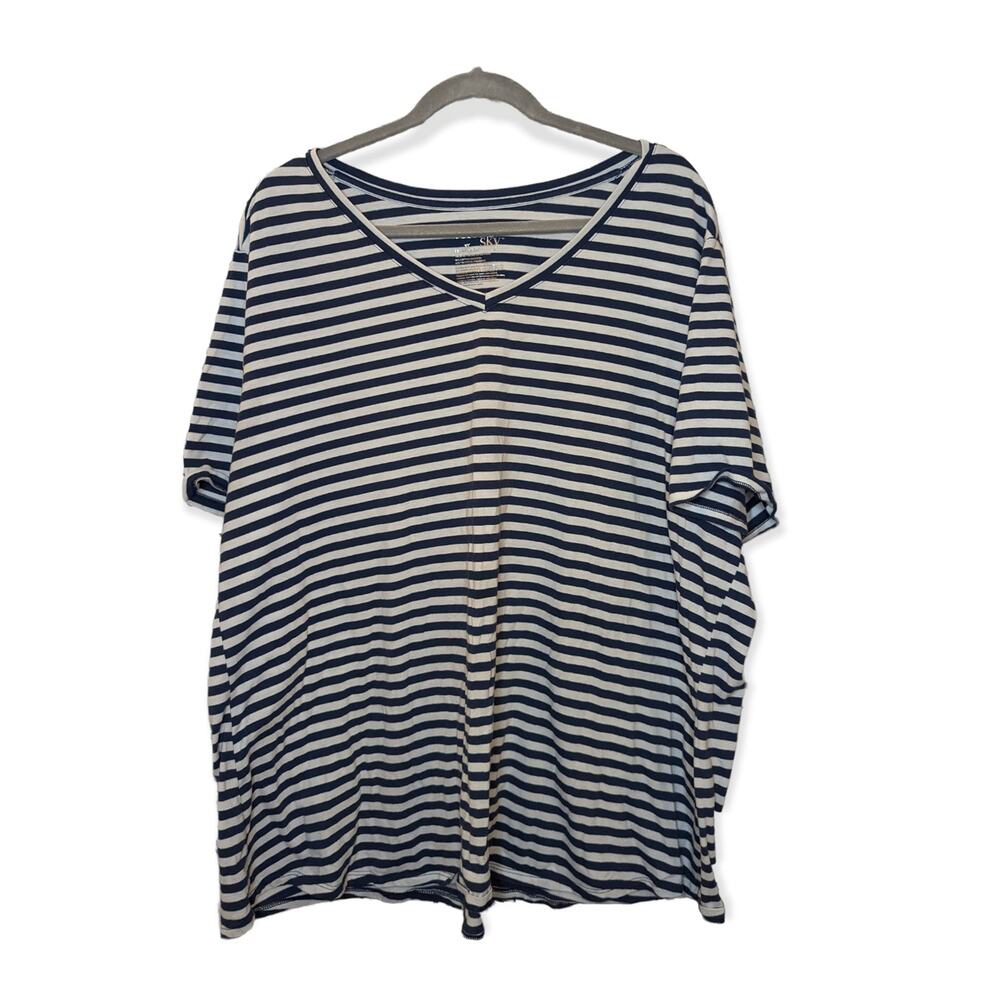 Terra & Sky Plus Navy White Striped V Neck Short Sleeve Tee Shirt 3X 24W/26W